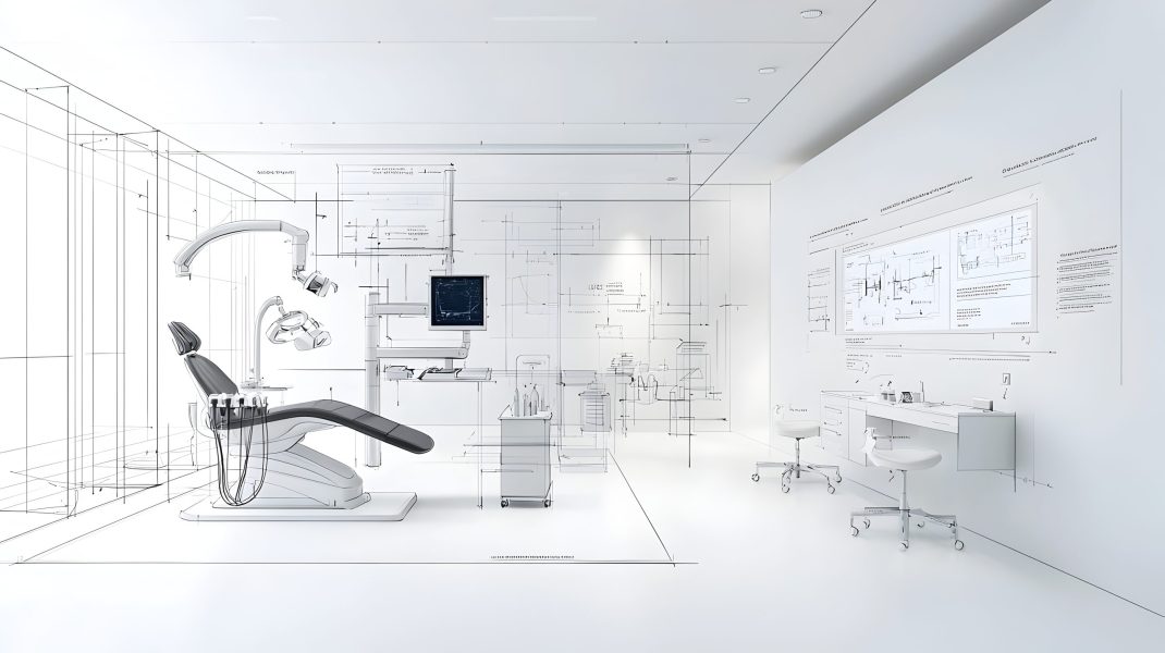 Minimalist black and white sketch of a modern sleek dentist office featuring abstract technology motifs and futuristic dental equipment creating a clean and innovative clinical environment